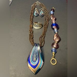 Murano Blue and Gold Jewelry Set, Necklace, Earrings, Ring, Bracelet EUC